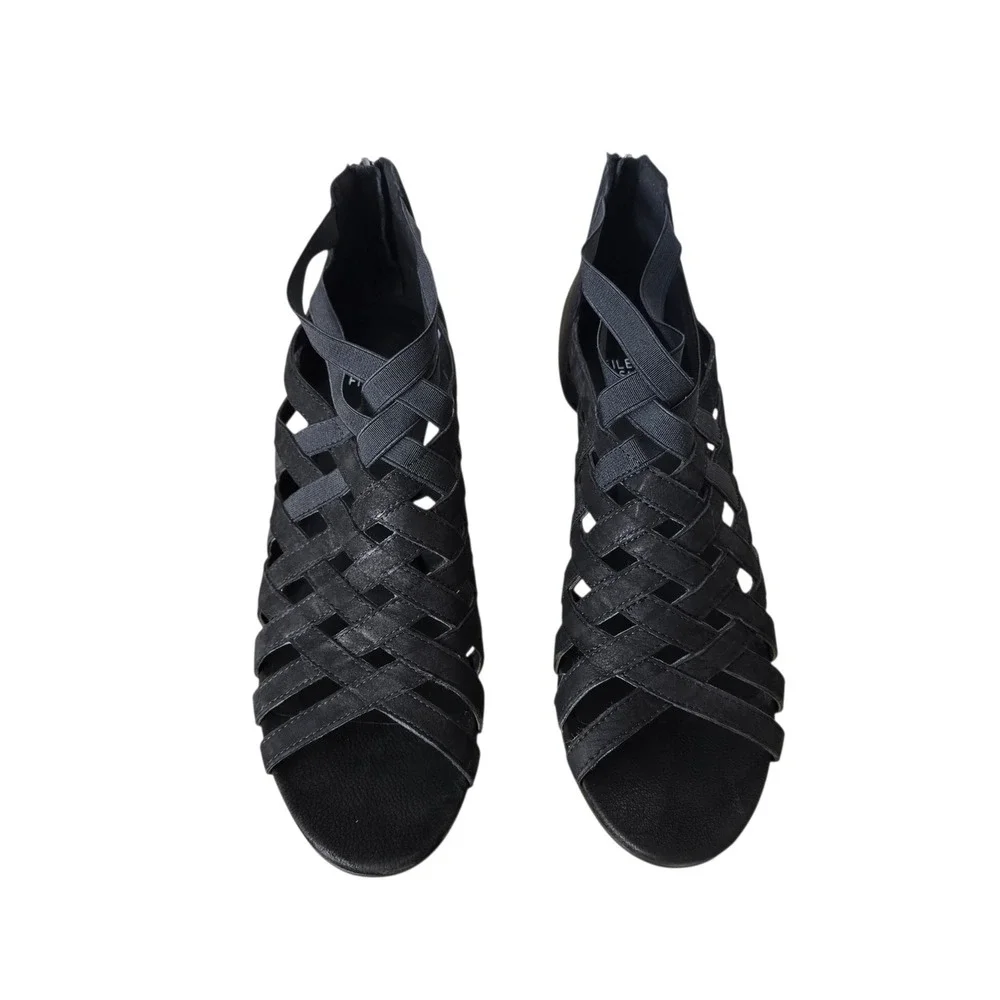 Eileen Fisher Black Leather Elastic Strappy Cage Wedge Sandals Womens 10